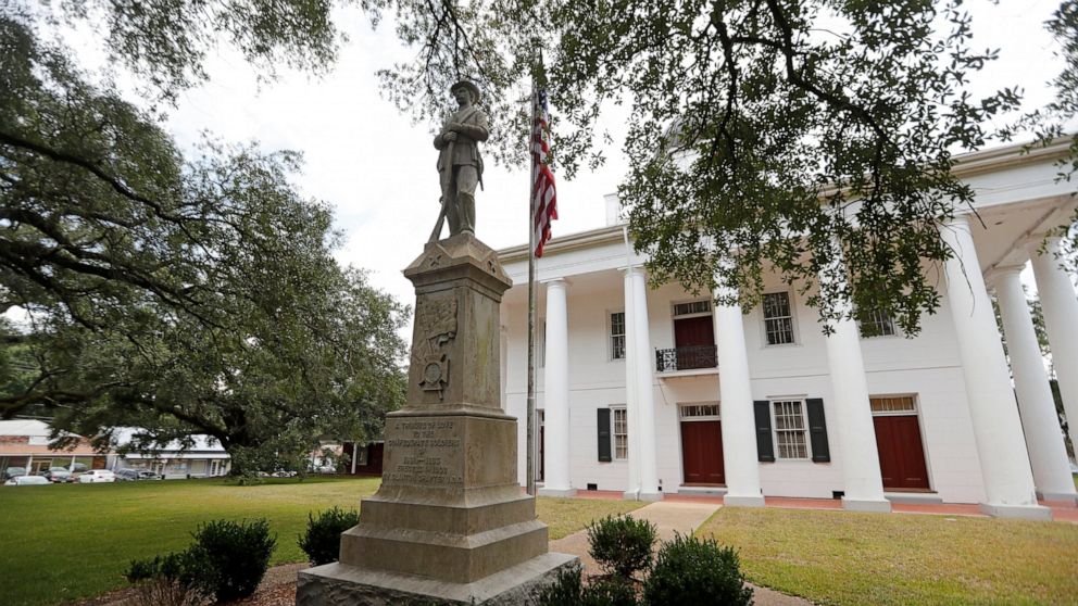 FILE - In this Aug. 1, 2018 file photo, a statue commemorating fallen confederate soldiers stands on front of the East Feliciana Parish Courthouse in Clinton, La. An appeals court on Tuesday, June 11, 2019 rejected a request by Louisiana defendant Ro