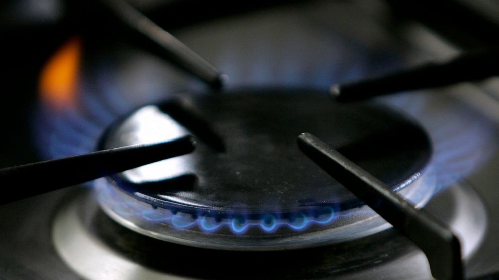 FILE - In this Jan. 11, 2006 file photo, a gas-lit flame burns on a natural gas stove in Stuttgart, Germany. A California restaurant organization is suing Berkeley over the city's ban on natural gas, which is set to take effect in January, 2020. The 