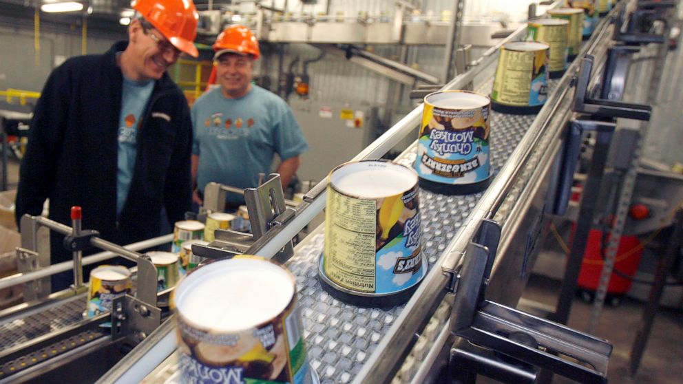 FILE — In this March 23, 2010 file photo ice cream moves along the production line at Ben & Jerry's Homemade Ice Cream, in Waterbury, Vt. Ben & Jerry's ice cream said Monday, July 19, 2021, it was going to stop selling its ice cream in the occupied P