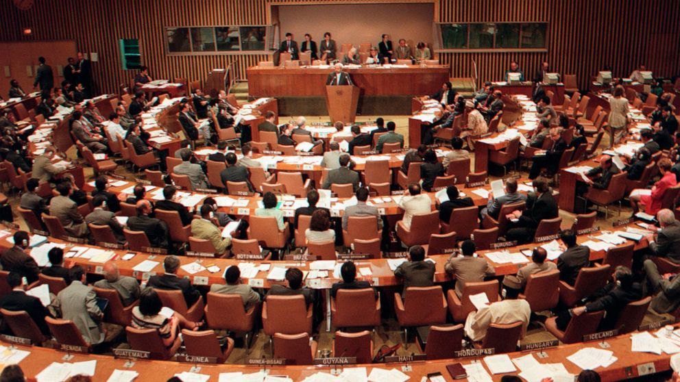 FILE - In this Tuesday, Sept. 10, 1996, file photo, the United Nations General Assembly meets for discussions on the Nuclear Test Ban Treaty at U.N. headquarters. The year 2021 marks the 25th anniversary of the signing of the Comprehensive Nuclear Te