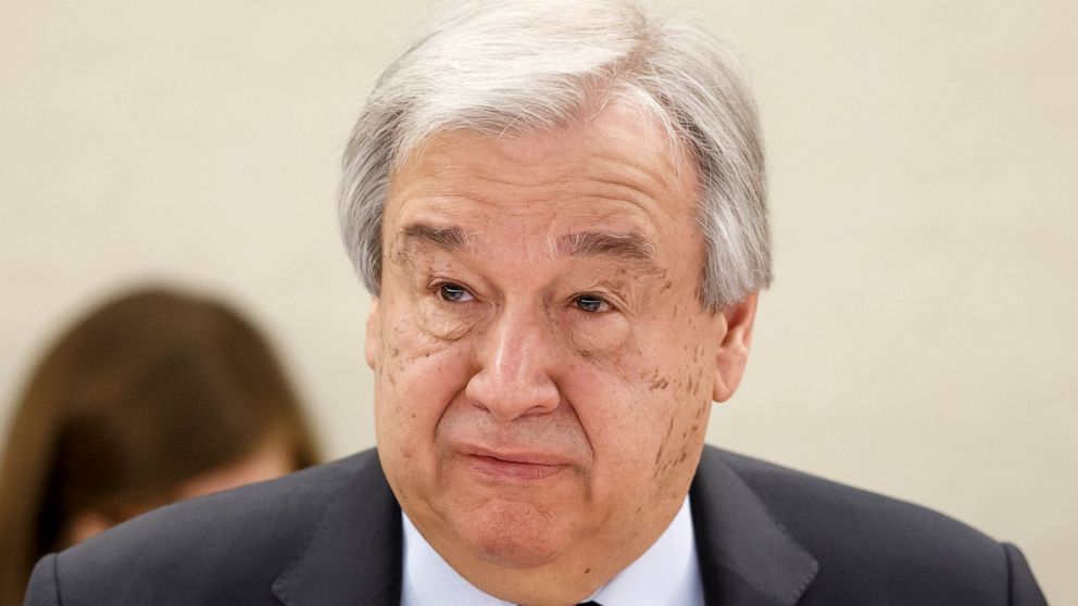 U.N. Secretary-General Antonio Guterres addresses his statement, during the opening of the High-Level Segment of the 43rd session of the Human Rights Council, at the European headquarters of the United Nations in Geneva, Switzerland, Monday, Feb. 24,
