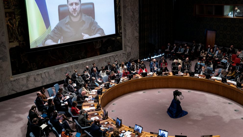 Ukrainian President Volodymyr Zelenskyy speaks via remote feed during a meeting of the UN Security Council, Tuesday, April 5, 2022, at United Nations headquarters. Zelenskyy will address the U.N. Security Council for the first time Tuesday at a meeti