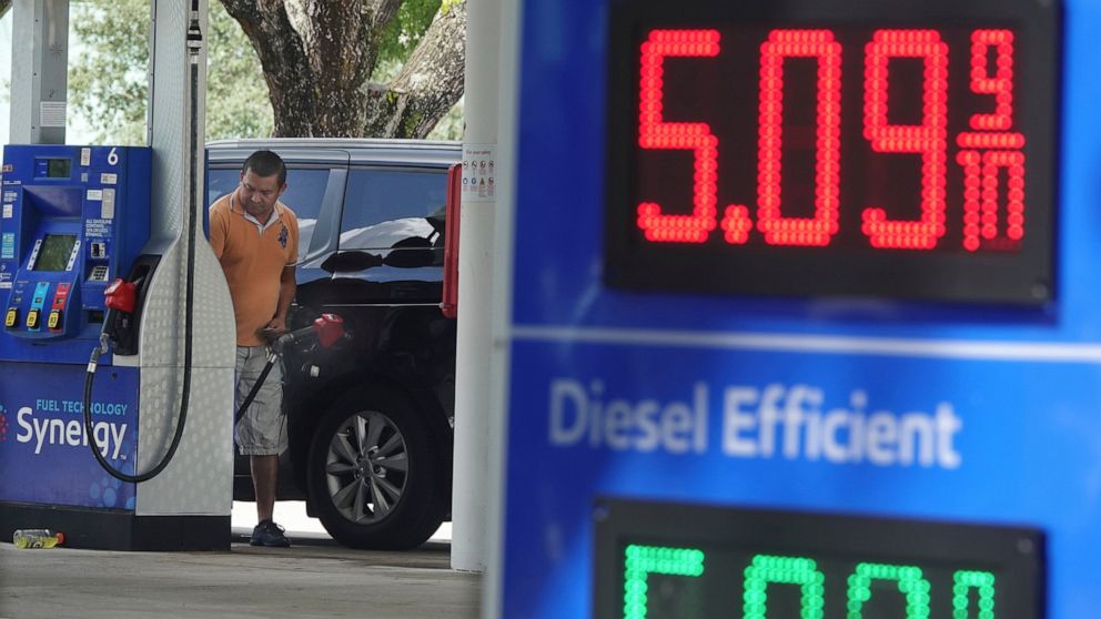 For the first time ever, the price for a gallon of regular gas in Broward County is selling at some gas stations for more than five dollars, as seen at this Mobil station in Margate, Fla., on Sunday, June, 12, 2022. (Joe Cavaretta/South Florida Sun-S