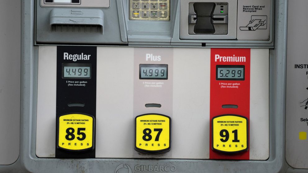 The prices are dispalyed above the various grades of gasoline available at a Conoco station Saturday, May 21, 2022, in Denver. (AP Photo/David Zalubowski)