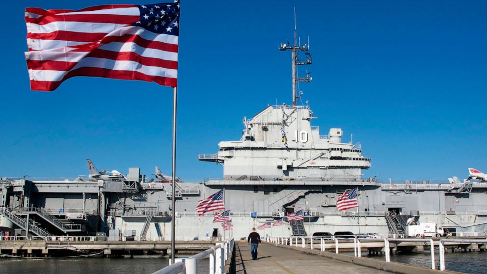 FILE - The World War II- era aircraft carrier USS Yorktown sits at its mooring at the Patriots Point Naval and Maritime Museum in Mount Pleasant, S.C., on March 15, 2013. The nation’s ninth-busiest port is at risk of pollution by more than 100,000 ga