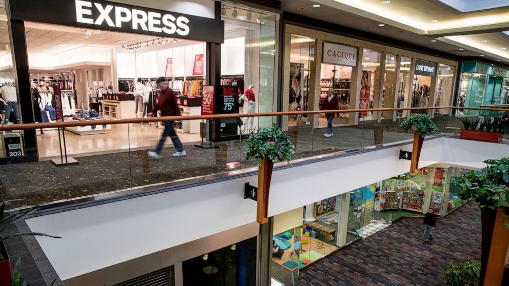 FILE - In this Jan. 22, 2020, file photo a store front is closed below an Express retail clothing store in Valley West Mall in West Des Moines, Iowa. On Tuesday, Jan. 28, the Conference Board reports on U.S. consumer confidence for January. (AP Photo