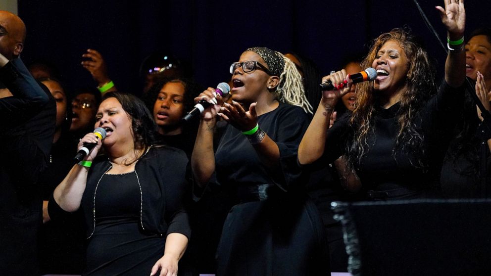 Singers pay a musical tribute during funeral services of Daunte Wright at Shiloh Temple International Ministries in Minneapolis, Thursday, April 22, 2021. Wright, 20, was fatally shot by a Brooklyn Center, Minn., police officer during a traffic stop.