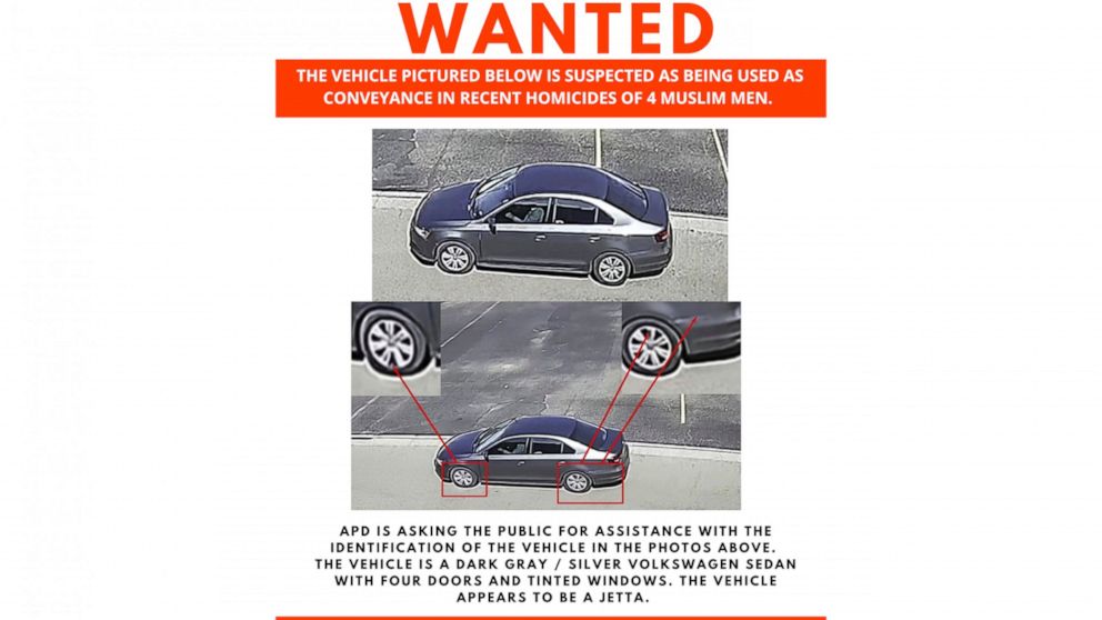 This Wanted poster released Sunday, Aug 7, 2022, by the Albuquerque Police Department shows a vehicle suspected of being used as a conveyance in the recent homicides of four Muslim men in Albuquerque, N.M. Police investigating whether the killings ar