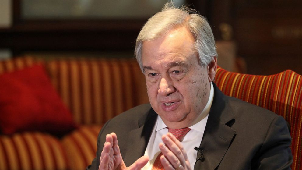 FILE - In this Feb. 18, 2020, file photo, U.N. Secretary-General Antonio Guterres speaks during an interview with The Associated Press in Lahore, Pakistan. Guterres expressed hope Tuesday, June 23, 2020 that Israel will hear global calls and will not