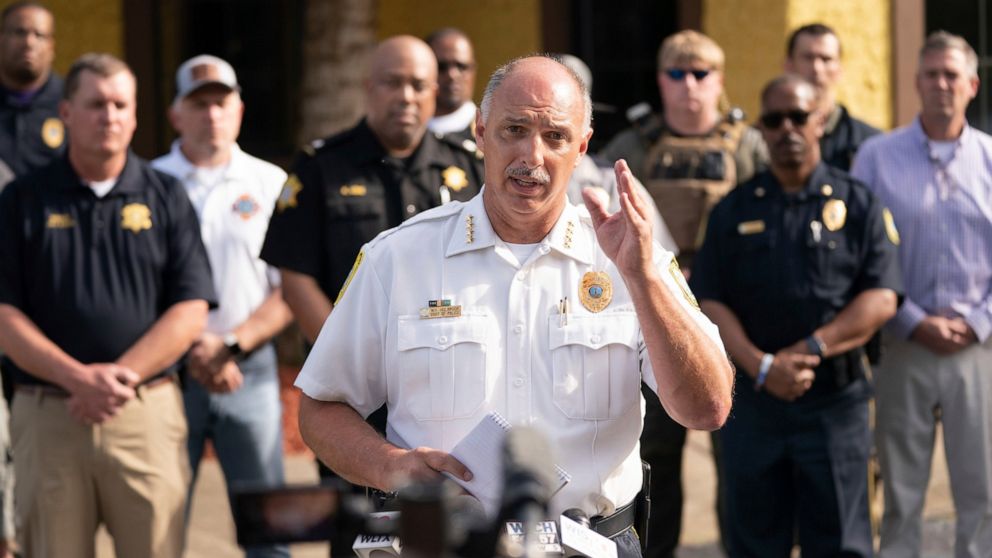 Columbia Police Chief Skip Holbrook speaks to members of the media near Columbiana Centre mall in Columbia, S.C., following a shooting, Saturday, April 16, 2022. (AP Photo/Sean Rayford)