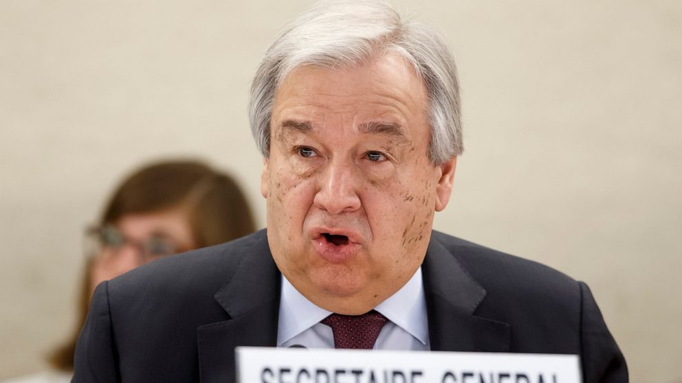 U.N. Secretary-General Antonio Guterres addresses his statement, during the opening of the High-Level Segment of the 43rd session of the Human Rights Council, at the European headquarters of the United Nations in Geneva, Switzerland, Monday, Feb. 24,