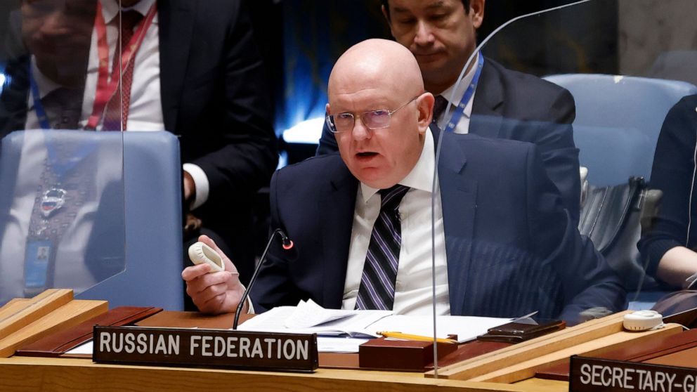 Russia's ambassador Vasily Nebenzya speaks at the end of a meeting of the United Nations Security Council at U.N. headquarters, Friday, March 18, 2022. (AP Photo/Jason DeCrow)