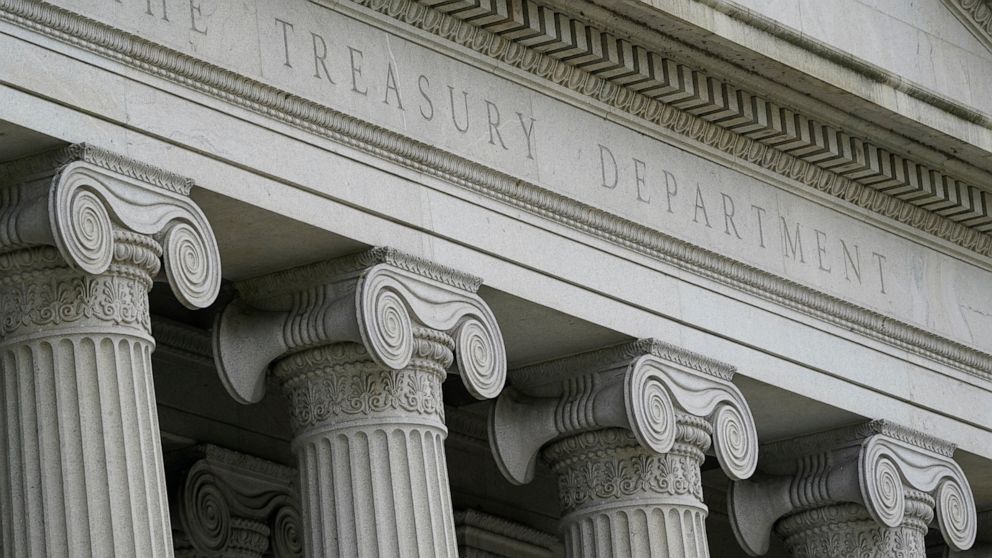 FILE - This May 4, 2021, photo shows the Treasury Building in Washington. The U.S. government's deficit for the first nine months of this budget year hit $2.24 trillion, keeping the country on track for its second biggest shortfall in history. In its