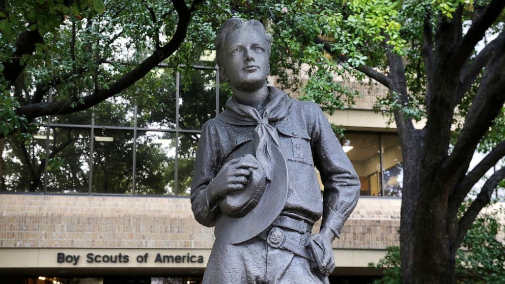 FILE - A statue stands outside the Boy Scouts of America headquarters in Irving, Texas, Feb. 12, 2020. On Friday, July 29, 2022, a Delaware bankruptcy judge approved parts of the Boy Scouts of America’s reorganization plan but has rejected other prov
