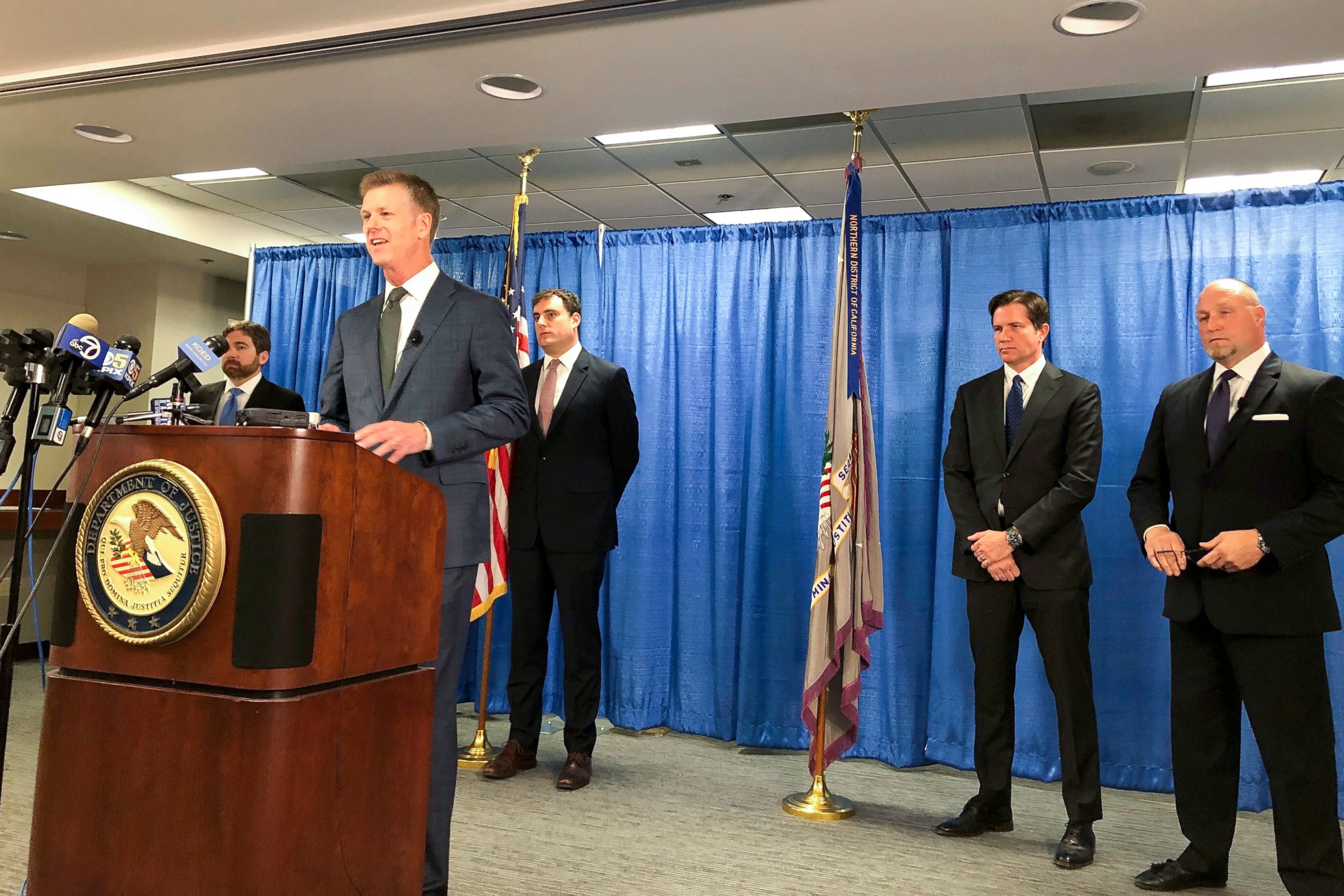 US attorney David Anderson announces criminal spy charges against a San Francisco Bay Area tour operator Xuehua Edward Peng Monday, Sept. 30, 2019, in San Francisco. Xuehua Edward Peng, who operates tours for Chinese students and visitors, was charge