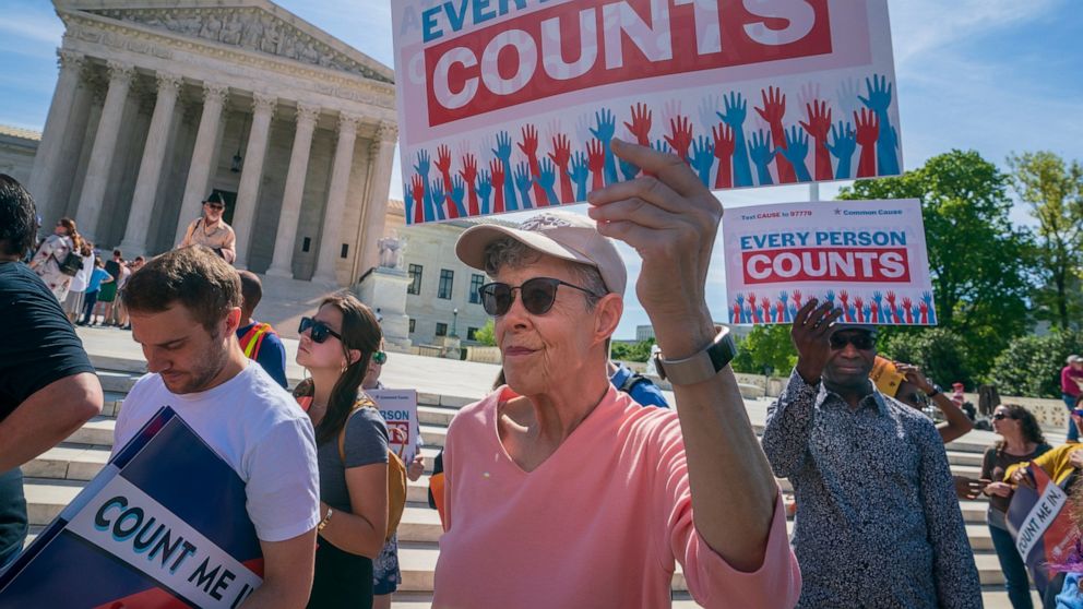 FILE - In this April 23, 2019 file photo, Immigration activists rally outside the Supreme Court as the justices hear arguments over the Trump administration's plan to ask about citizenship on the 2020 census, in Washington. Voting rights activists ar