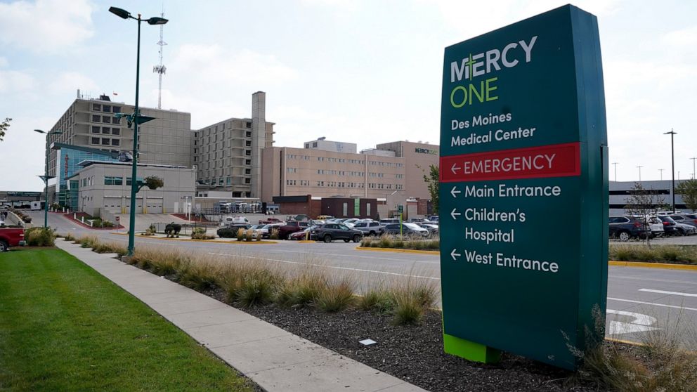 The MercyOne Des Moines Medical Center campus is seen, Thursday, Oct. 6, 2022, in Des Moines, Iowa. Diverted ambulances. Cancer treatment delayed. Electronic health records offline. These are just some of ripple effects of an apparent cyberattack on 