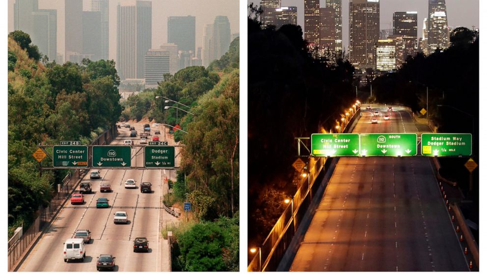 This combination of July 1998 and April 2020 photos shows a difference in smog levels above the Los Angeles skyline, with California Highway 110 in the foreground. With climate change, plastic pollution and a potential sixth mass extinction, humanity