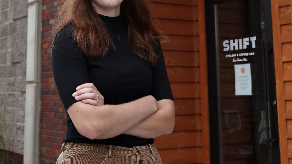 This July 21, 2020 photo shows SHIFT Cyclery & Coffee Bar employee Liz Carey who has been out of work since the shop closed in March and now faces the potential loss of federal Pandemic Unemployment Compensation. (Dan Reiland/The Eau Claire Leader-Te