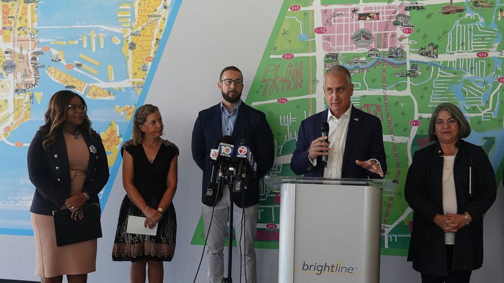 U.S.Rep. Mario Diaz Ballart, R-Fla., speaks during a news conference at the Brightline station in Fort Lauderdale on Monday, Aug., 15, 2022.. The Florida Department of Transportation and Brightline was awarded a $25 million grant to enhance safety al