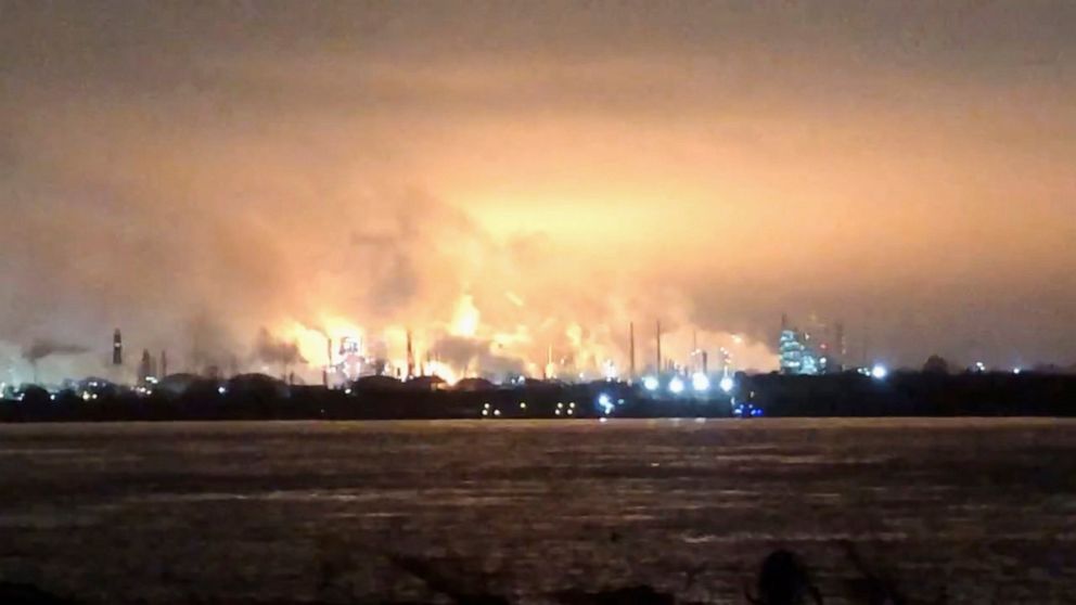 This photo provided by Caleb Christopher Leblanc shows a fire inside a refinery early Wednesday, Feb. 12, 2020, in Baton Rouge, La. The fire erupted at the ExxonMobil refinery late Tuesday, Baton Rouge Fire Department spokesman Curt Monte told news o