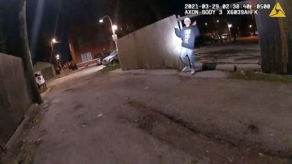 FILE - This March 29, 2021 image from Chicago Police Department body cam video shows the moment before Chicago Police officer Eric Stillman fatally shot Adam Toledo, in Chicago. The gunshot detection system that set in motion the recent fatal police 