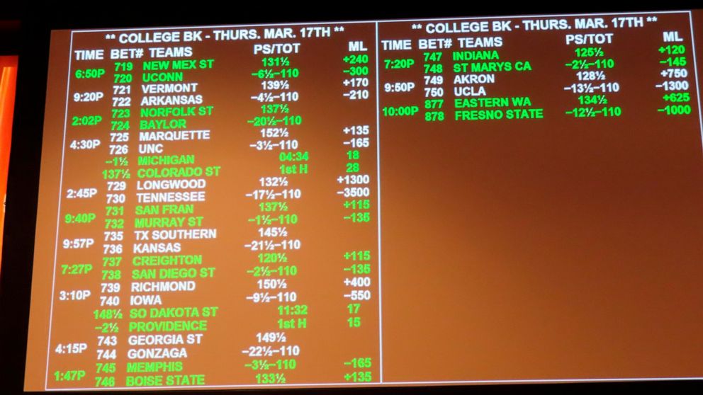 This March 17, 2022 photo shows a betting board at the Borgarta casino in Atlantic City, N.J. on the first day of the March Madness college basketball tournament. The American Gaming Association wants the U.S. Justice Department to crack down on ille