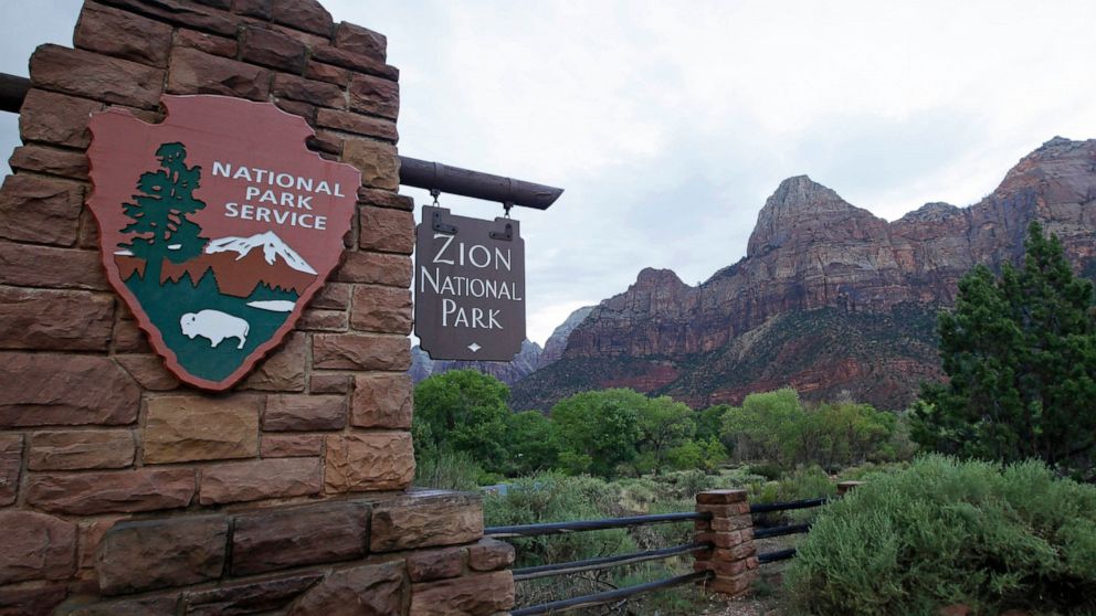 FILE - Zion National Park near Springdale, Utah, is pictured on Sept. 15, 2015. A woman died and a man was rescued and treated for hypothermia after they were caught in extreme cold weather while hiking in Utah's Zion National Park, officials said. (