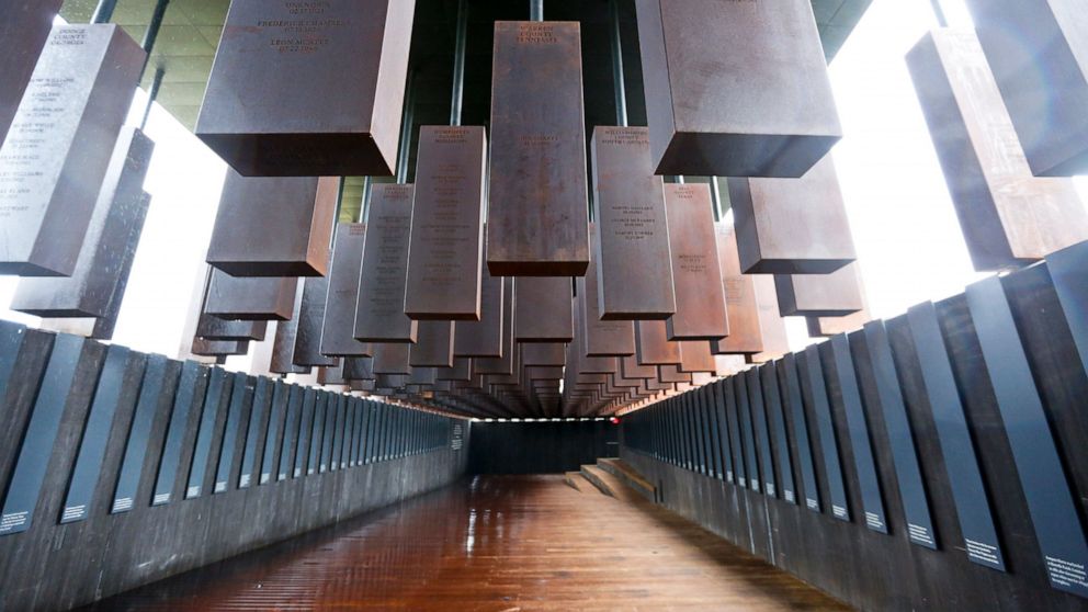 FILE - This April 22, 2018 file photo shows National Memorial for Peace and Justice, the new memorial is opening to honor thousands of people killed in racist lynchings in Montgomery, Ala. The Equal Justice Initiative announced Tuesday, July 6, 2021,