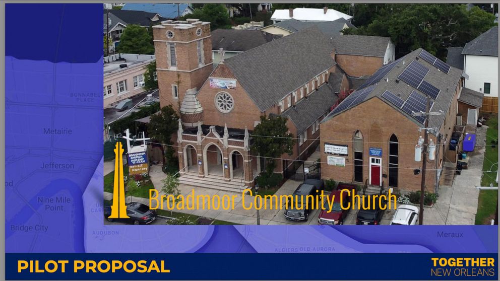 This artist rendering provided by Together New Orleans shows Broadmoor Community Church. Global warming is producing more extreme weather. That can mean extended power outages in places like New Orleans. A grassroots network is launching “Community L