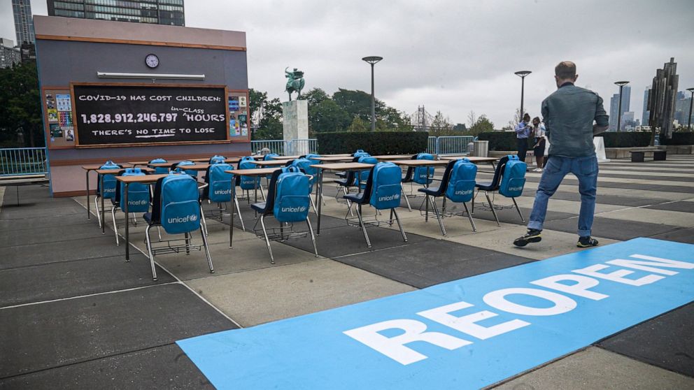  Empty desk array at UN spotlights lost learning in pandemic