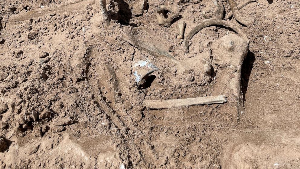 This photo of Saturday, May 7, 2022, provided by Lindsey Melvin of Henderson, Nev., shows human remains she and her sister discovered on a sandbar that recently surfaced as Lake Mead recedes. A closer look revealed a human jaw with teeth. The Nationa