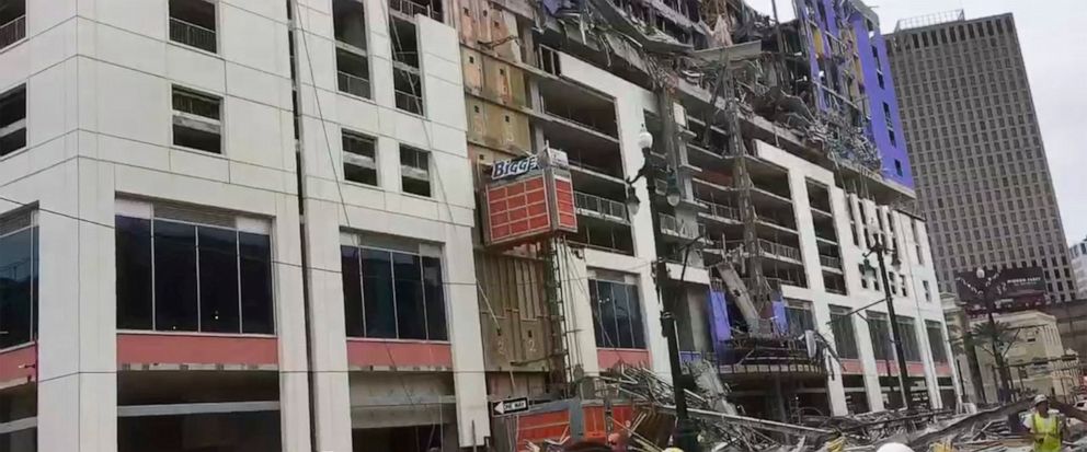 This photo provided by WWL-TV shows several construction standing after a large portion of the Hard Rock Hotel, under construction suddenly collapsed Saturday, Oct. 12, 2019 in New Orleans. It was not immediately clear what caused the collapse or if
