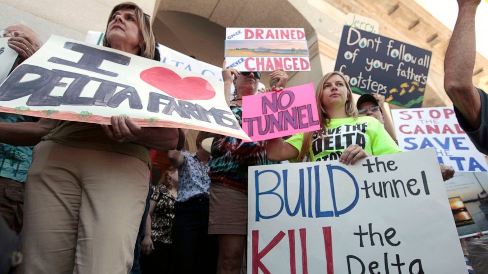 FILE -- Demonstrators rallied at the Capitol to protest a plan announced by Gov. Jerry Brown to build a giant twin tunnel system to move water from the Sacramento-San Joaquin River Delta to Southern California, Wednesday July 25, 2012. Gov. Gain News