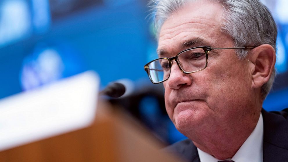 FILE - In this Sept. 30, 2021, file photo, Federal Reserve Chairman Jerome Powell testifies during a House Financial Services Committee hearing on Capitol Hill in Washington. Powell says the tangled supply chains and shortages that have bedeviled the