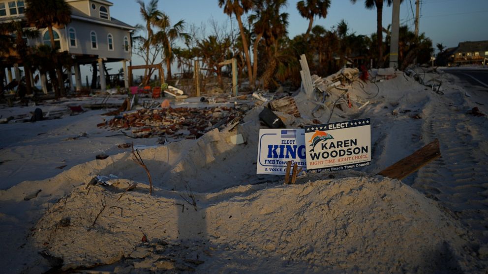 Signs promoting candidates for Fort Myers Beach town council sit along a roadside on Estero Island, which was heavily damaged in September's Hurricane Ian, in Fort Myers Beach, Fla, Tuesday, Nov. 8, 2022. After the area was devastated and thousands w