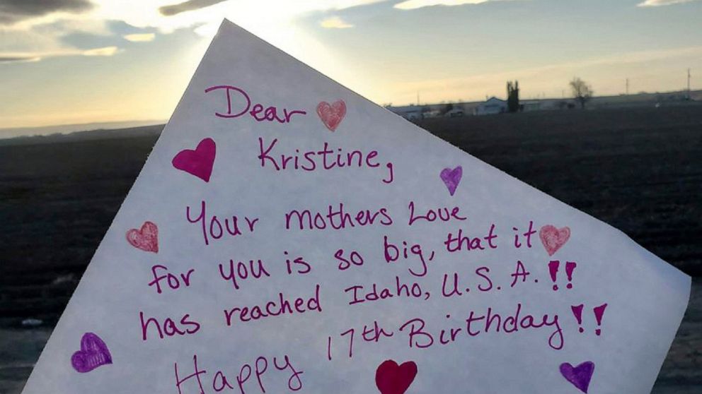 This photo provided by Mona Helgeland in Ålgård, Norway, shows a birthday card made by an American from Idaho and member of the Facebook group "Random Acts of Kindness" for her daughter Kristine, who is about to celebrate her 17th birthday. Helgeland