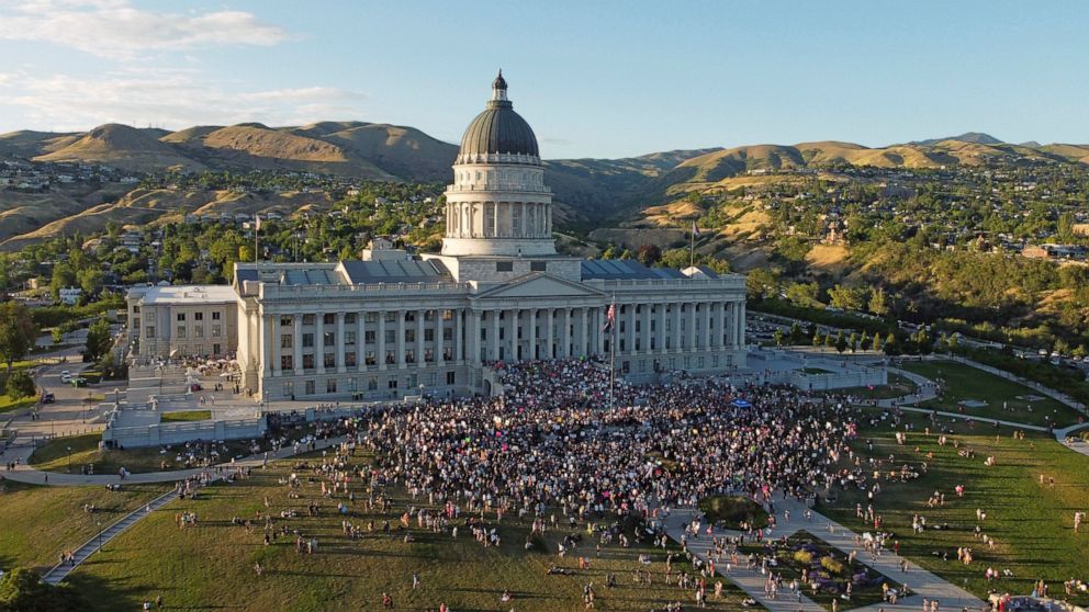 People attend an abortion-rights protest at the Utah State Capitol, Friday, June 24, 2022, in Salt Lake City. The U.S. Supreme Court's decision to end constitutional protections for abortion has cleared the way for states to impose bans and restricti