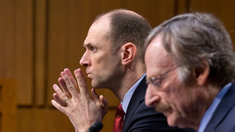FILE - Then-Council of Economic Advisers Chairman under President Barack Obama, Austan Goolsbee, left, testifies on Capitol Hill in Washington on Feb. 28, 2013, before the Joint Economic Committee hearing on state of the U.S. economy. Goolsbee will b