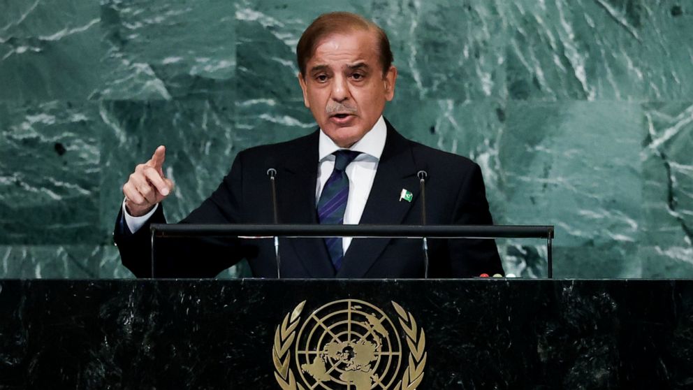 Prime Minister of Pakistan Muhammad Shehbaz Sharif addresses the 77th session of the United Nations General Assembly, Friday, Sept. 23, 2022, at the U.N. headquarters. (AP Photo/Julia Nikhinson)