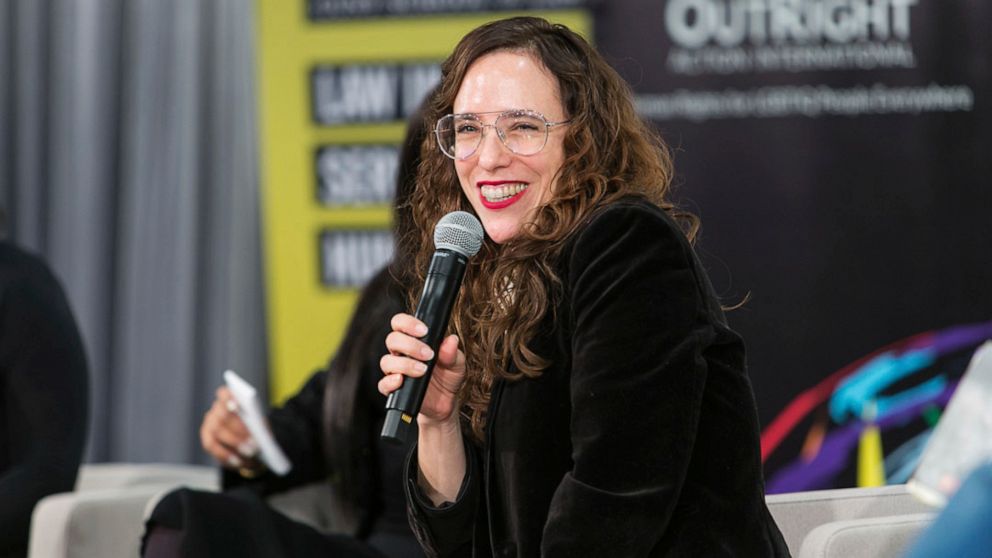 In this Dec. 7, 2019 photo provided by Brad Hamilton, Jessica Stern, head of Outright International, speaks during the OutSummit in New York. Stern, to become the U.S. State Department's special diplomatic envoy for LGBTQ rights in September 2021, se