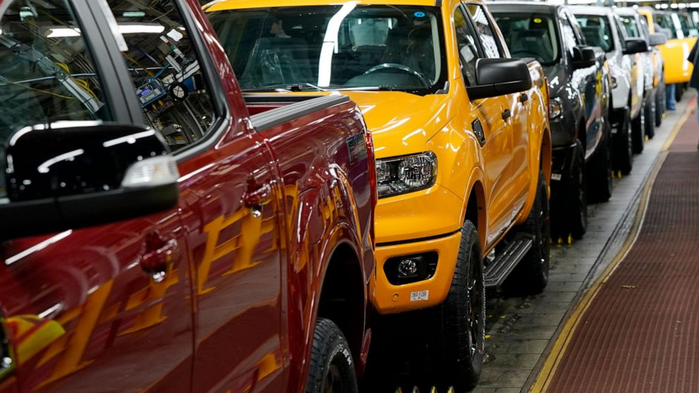 Model year 2021 Ford Ranger trucks on the assembly line at Michigan Assembly, Monday, June 14, 2021, in Wayne, Mich. Surging output of cars, trucks and auto parts pulled U.S. factory production up 0.9% in May. Adding utilities and mines, overall U.S.