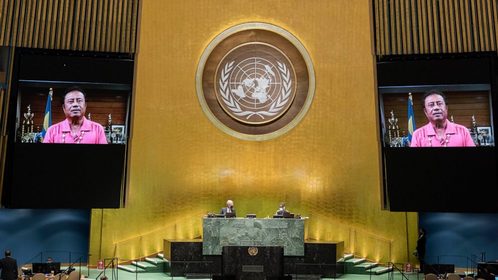 In this photo provided by the United Nations, the pre-recorded message of Tommy Esang Remengesau Jr., President of Palau, is played during the 75th session of the United Nations General Assembly, Wednesday Sept. 23, 2020, at U.N. headquarters, in New
