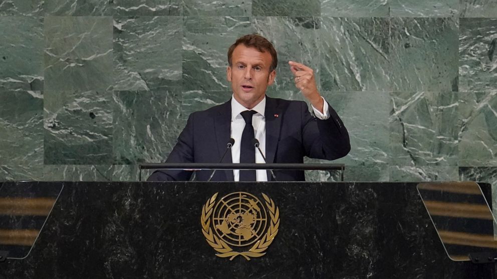 President of France Emmanuel Macron addresses the 77th session of the United Nations General Assembly, Tuesday, Sept. 20, 2022 at U.N. headquarters. (AP Photo/Mary Altaffer)