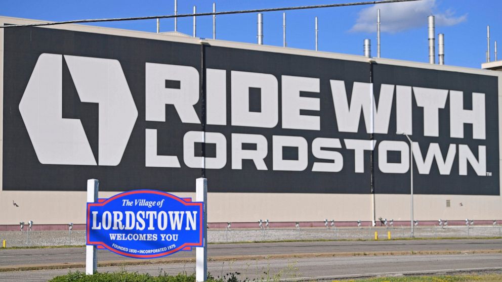 FILE - In this June 22, 2021, file photo, a mural is displayed on the wall outside the Lordstown Motors plant in Lordstown, Ohio. Foxconn Technology Group, the world’s largest electronics maker, has a deal to buy a huge auto assembly plant in Ohio fr