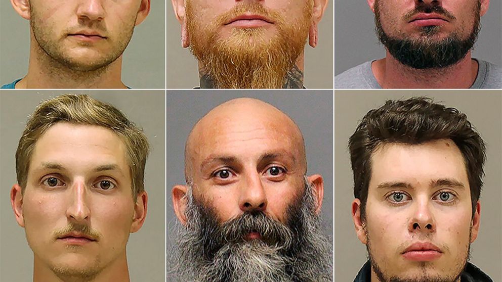 FILE - This photo combo shows from top left, Kaleb Franks, Brandon Caserta, Adam Dean Fox, and bottom left, Daniel Harris, Barry Croft, and Ty Garbin.  Defense attorneys have sought to dismiss the indictment against five men accused of plotting to ki