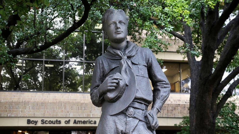 FILE - In this Feb. 12, 2020, file photo, a statue stands outside the Boy Scouts of America headquarters in Irving, Texas. One of the primary insurers of the Boy Scouts of America announced Tuesday, Sept. 14, 2021, that it has reached a tentative set