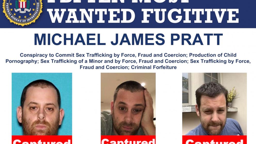 This image made available by the U.S. Federal Bureau of Investigation shows three photos of Michael James Pratt, the founder of a California-based porn empire that coerced young women into filming adult videos. The FBI says Pratt, who was on its Ten 
