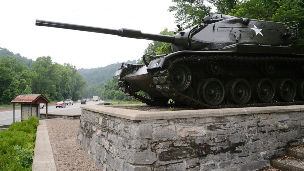 In this June 27, 2013 photo, an old Army tank now stands as a monument near the entrance to Fort Knox, Ky. Military police fatally shot a man who breached the main gate at Kentucky's Fort Knox and tried to run over officers, officials said. The shoot