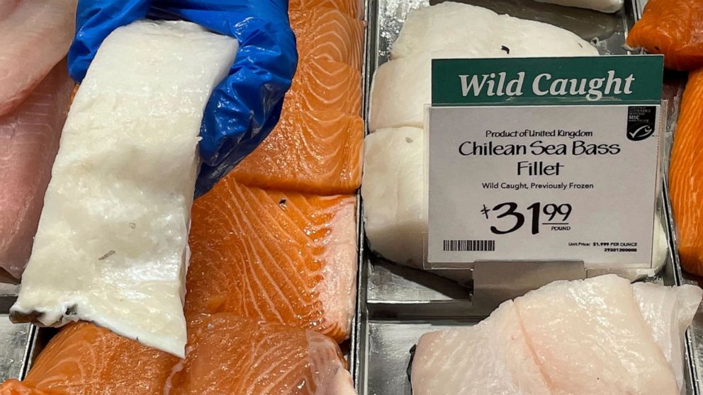 FILE - Fillets of Chilean sea bass caught near the U.K.-controlled South Georgia island are displayed for sale at a Whole Foods Market in Cleveland, Ohio, June 17, 2022. Southern Cross Seafoods said in a complaint filed in Oct. 2022 in the U.S. Inter